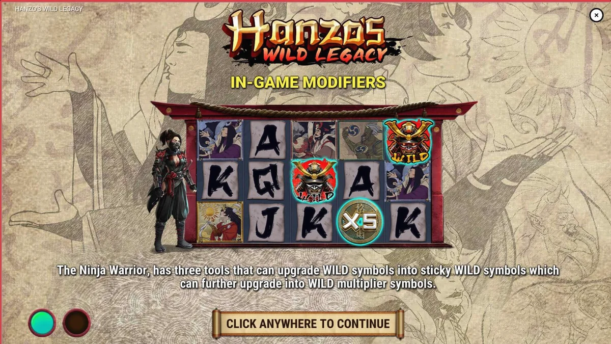 Tampilan layar permainan slot Hanzo’s Wild Legacy pada perangkat seluler dengan latar belakang ninja wanita.