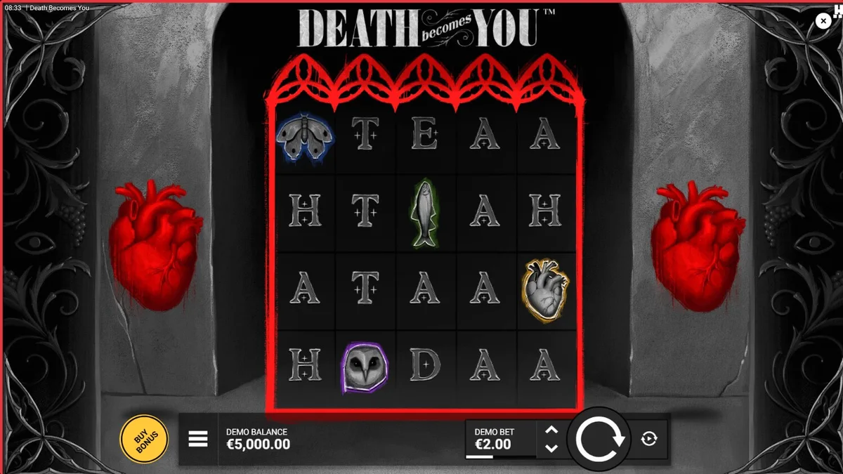 Tampilan visual slot Death Becomes You dengan nuansa gothic dan simbol-simbol misterius.