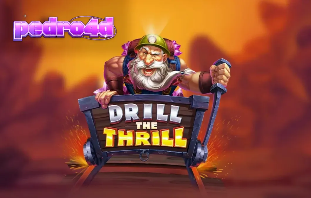 Tampilan visual slot Drill The Thrill dengan tema pertambangan dan bor emas.